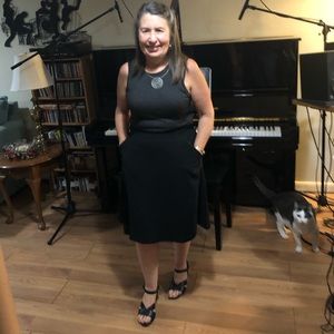 Black Gray A Line Sleeveless Dress with pockets. Knit charcoal gray top.